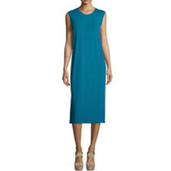 EILEEN FISHER Jewel Blue Stretch Viscose Jersey Cap Sleeve Shift Midi Dress, S/P - Picture 1 of 8